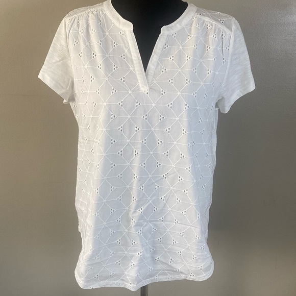 St John’s Bay White Eyelet Top Tee 100% Cotton Split Next Sz L NWOT - Picture 1 of 7
